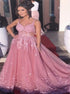 A Line V Neck Straps Tulle Pink Prom Dresses with Appliques LBQ2450